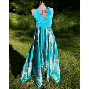 Y2K Boho Fairy Handkerchief Hem silky patterned halter dress Sz L
